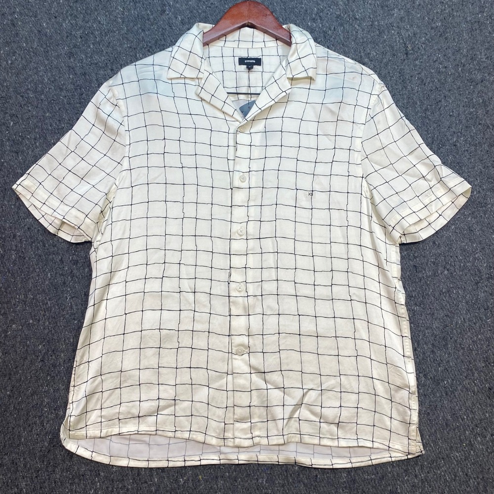 Express Grid Windowpane Shirt Sz XS Mens White Streetwear Camp Collar Shirt